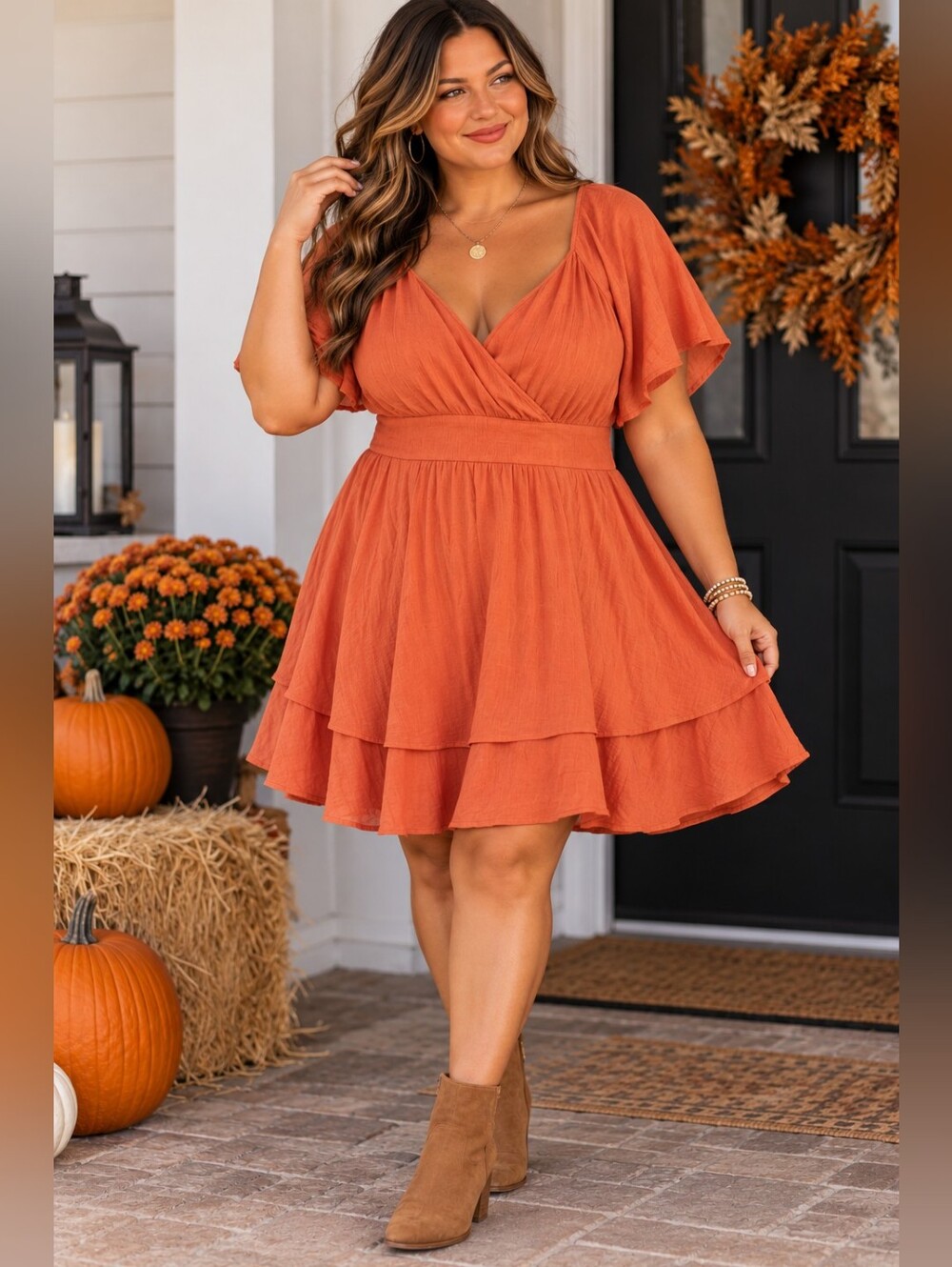 Rust Orange Flutter Sleeve Wrap Tiered Mini Dress Size 1x Estimate